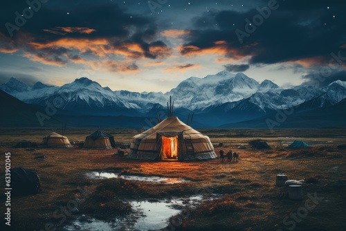 Land of Wanderers  Yurt or Tent Erection in Unexplored Terrain  Symbolizing Nomadic Living s Intrigue  Faces Veiled for Pondering Generative AI