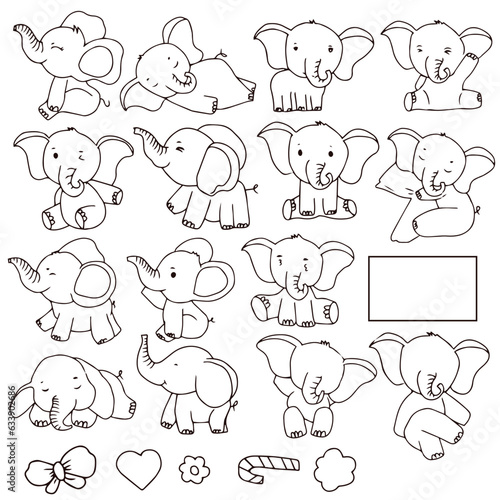 set of hand drwan line art elephant kid on children book. set of watercolor baby elephant variant gesture