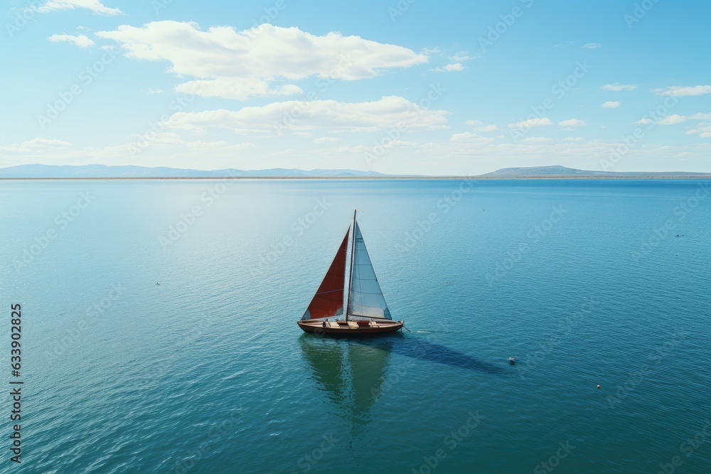 Blue Horizons: Bird's Eye Survey of Solo Sailboat or Kayak Midway on Vast Ocean or Lake, Conveying Isolated Splendor of the Adventure Generative AI	
