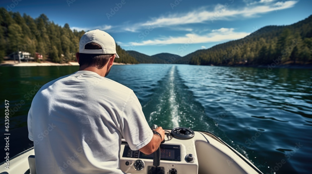 driver steering a boat on a calm lake generative ai