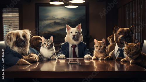 A CATS AND DOGS IN A BUSINESS MEETING