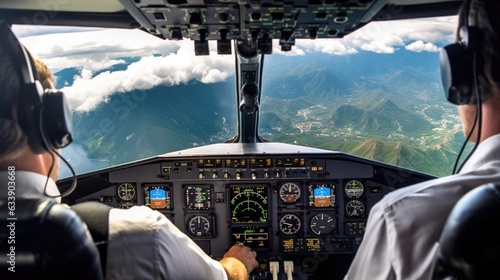 pilot in the cockpit of an airplane during flight, generative ai