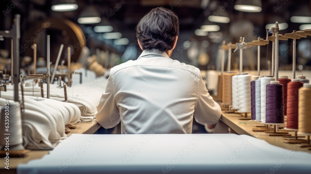 tailor working on a garment in a well-equipped atelier, generative ai