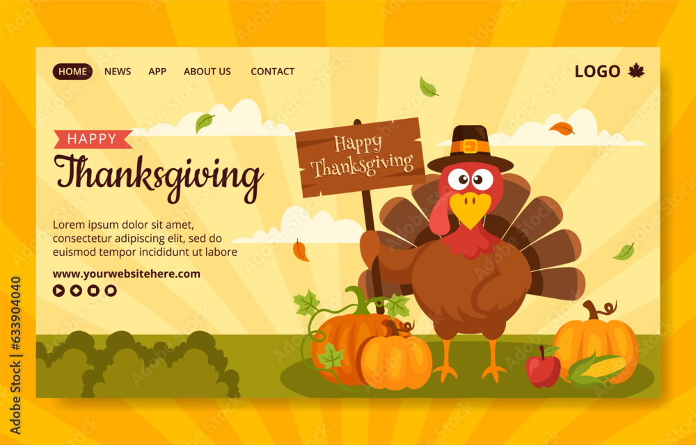Fototapeta premium Happy Thanksgiving Social Media Landing Page Cartoon Hand Drawn Templates Background Illustration