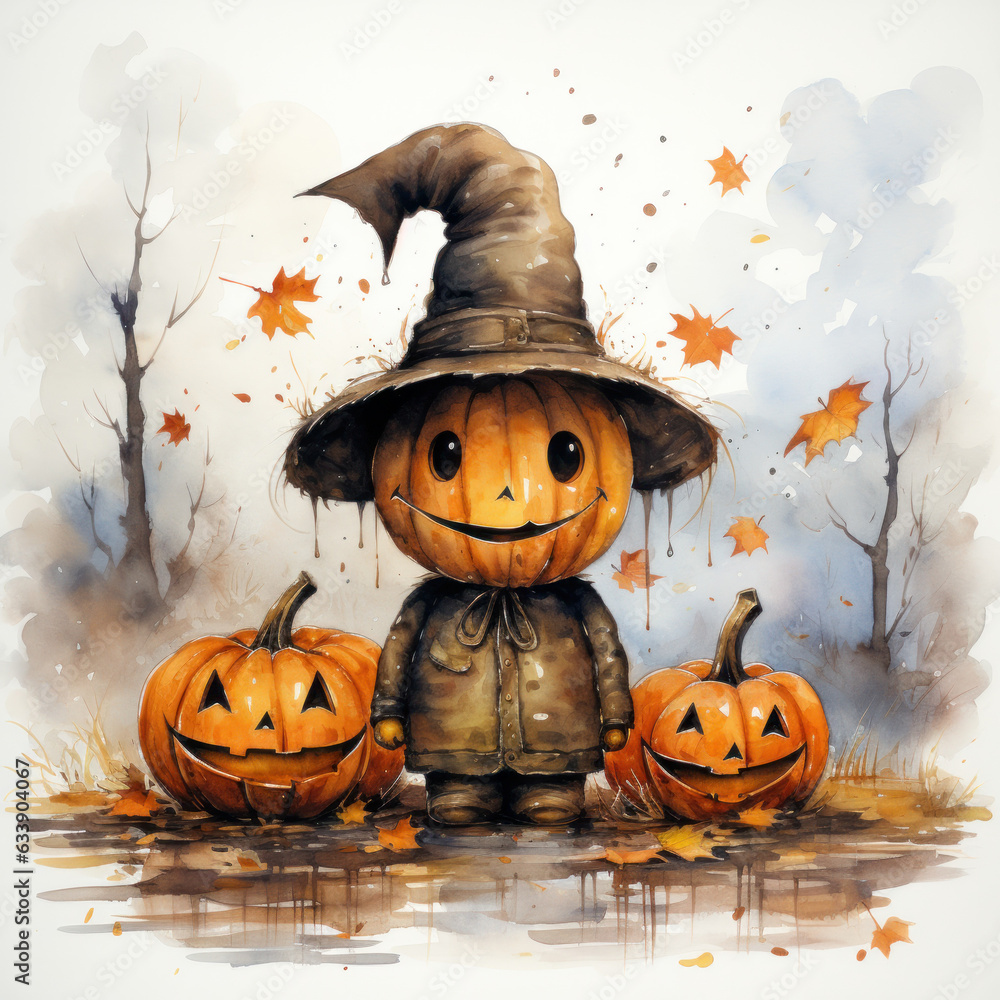 Naklejka premium Halloween Greeting Card, Childrens Book Illustration, Generative AI