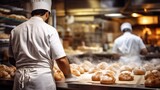 baker kneading dough in a busy bakery, generative ai