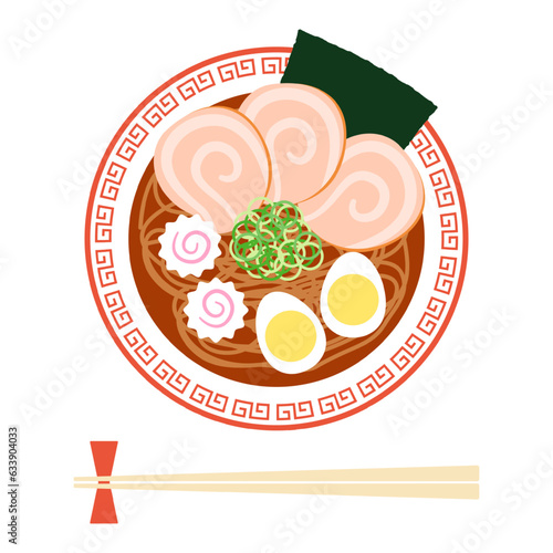 vector illustration of Shoyu Ramen noodles in a bowl and a pair of chopsticks for banners, cards, flyers, social media wallpapers, etc.