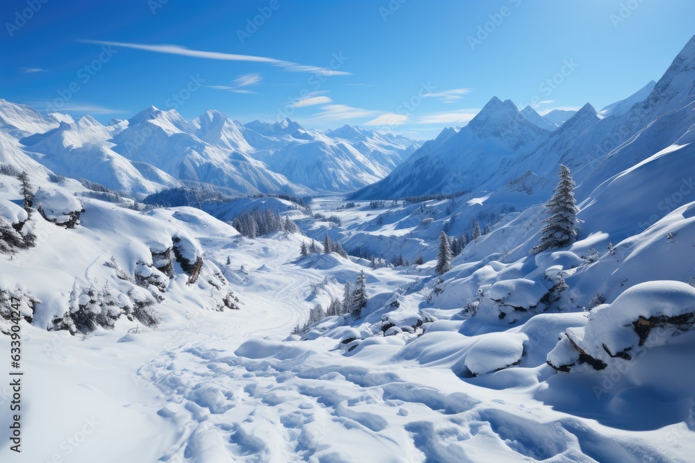 Path of Wonder: Fresh Snow Graced with Footprints or Ski Tracks, Guiding Towards Majestic Mountains and the Mystery of Hidden Woods Generative AI
