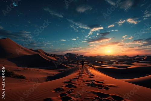 Desert s Celestial Elegance  Yellow Sands Luminous under the Mesmerizing Starry Night Expanse Generative AI