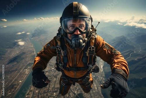 Defying Gravity: Bird's Eye View of Fearless Skydiver or Base Jumper Leaping Into the Void, Surrounded by Vast Sky and Earth's Magnificence, Enriching the Parachute's Drama and Thrill Generative AI