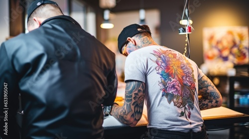 tattoo artist inking a design on a client in a modern studio generative ai