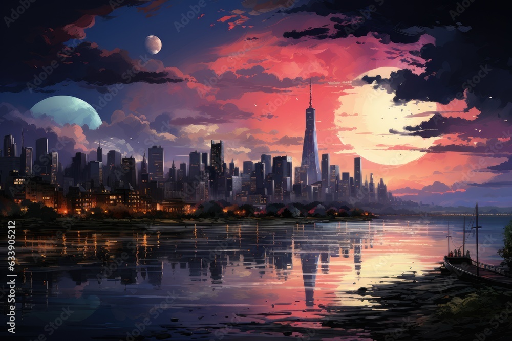 Captivating City Enchantment: Unveiling Mesmerizing Urban Landscapes as Twilight Casts Colorful Sky Hues and City Lights Begin to Sparkle Generative AI