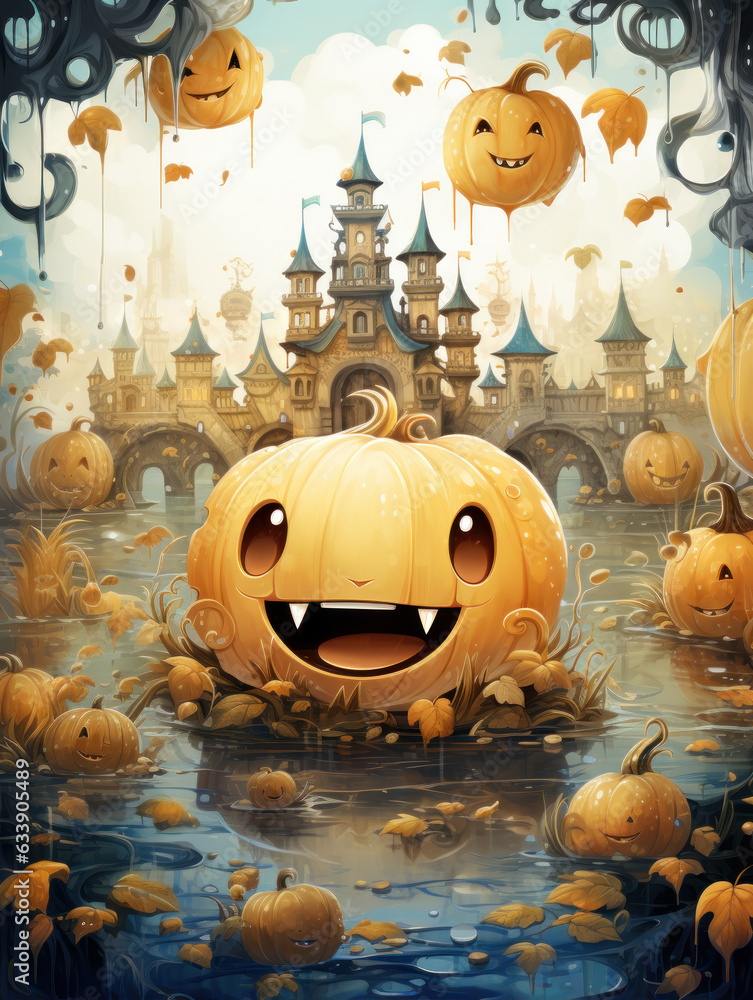 Fototapeta premium Halloween Greeting Card, Childrens Book Illustration, Generative AI