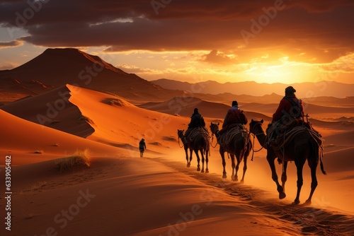 Whispers of Caravans: Camels and Their Handlers' Silhouettes in Desert Expanse, Reliving the Legacy of Ancient Trade Roads Generative AI