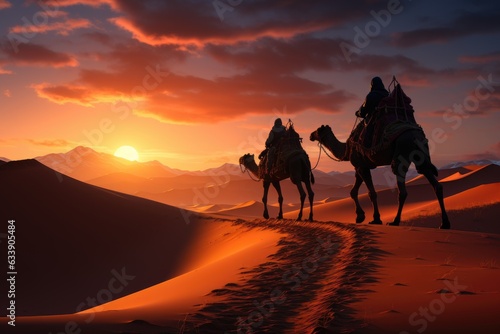 Sands of Antiquity: Shadows of Camels and Handlers, Reviving Memories of Trade Routes Amidst Expansive Dunes Generative AI © furyon