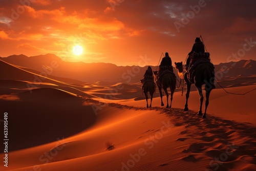 Nomadic Journeys: Camels and Handlers' Shadows Cast on Desert Sands, Evoking the Spirit of Historic Trade Routes Generative AI