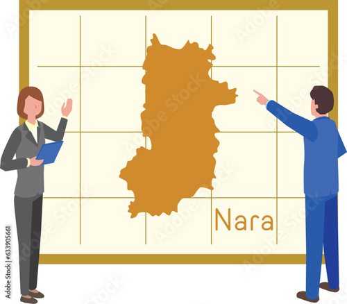 奈良県の地図を見て話すビジネスマン