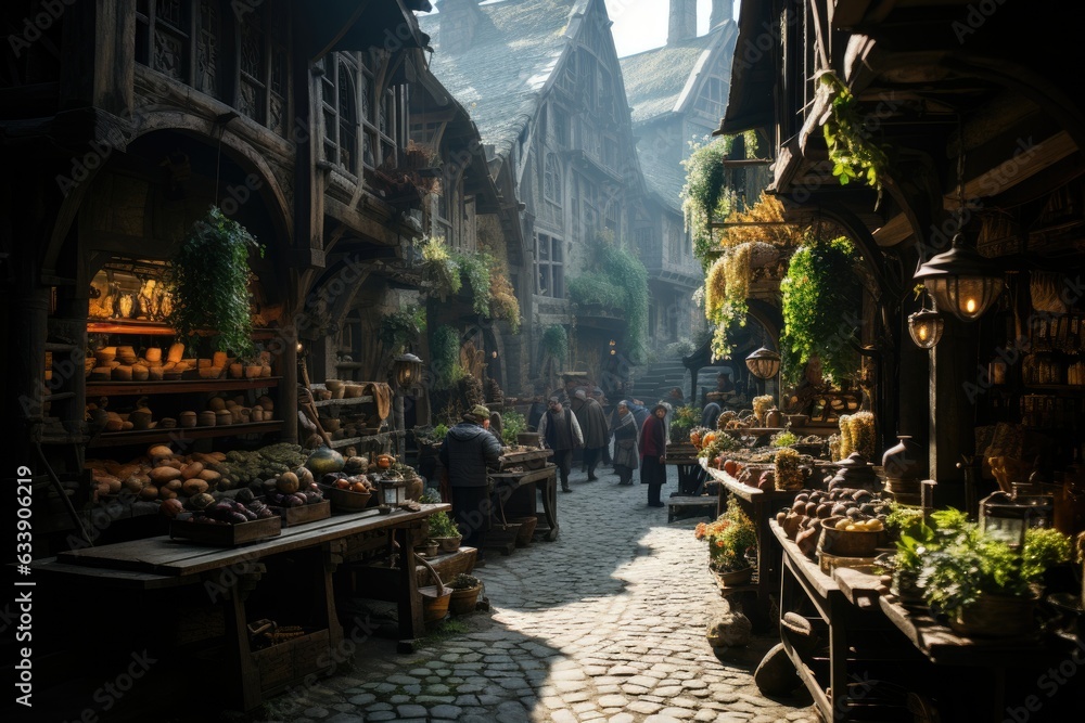Medieval Market Melange: A Bustling Tapestry of Merchants, Craftsmen, and Knights Generative AI