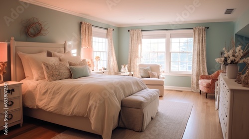 Bedroom decor, home interior design . Coastal Beachy style with Ocean View decorated with Wicker and Seagrass material . Generative AI AIG26. photo