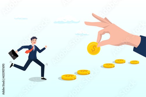 Greedy businessman running to grab money coin trail, follow the money, chasing for investment yield, profit or earning, change job for better salary or wages, greed or investing opportunity (Vector)