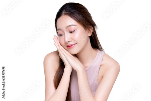 PNG file format, Beautiful young Asian woman with healthy and perfect skin on transparent background. Facial and skin care concept.