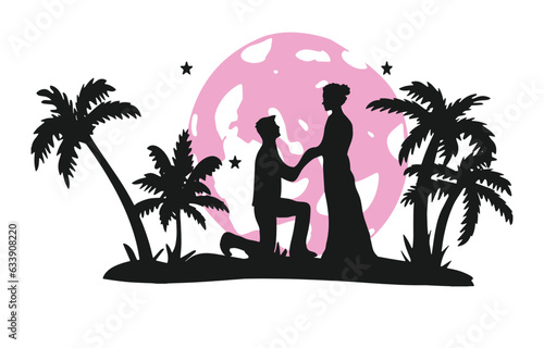 proposing under the moon vector silhouette. man on one knee proposing palm tree vector silhouette