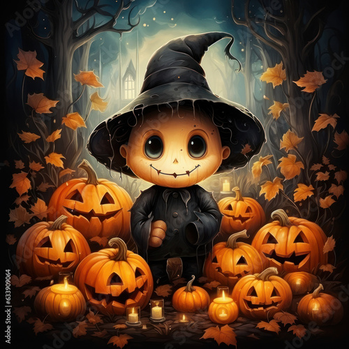 Halloween Greeting Card, Childrens Book Illustration, Generative AI