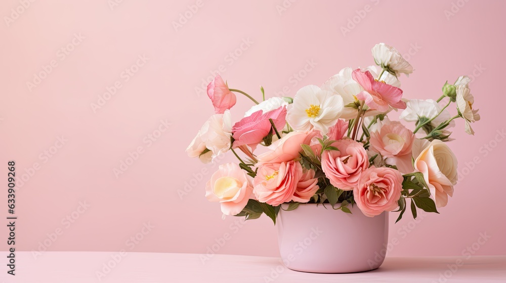Romantic flower arrangement against a pastel pink background