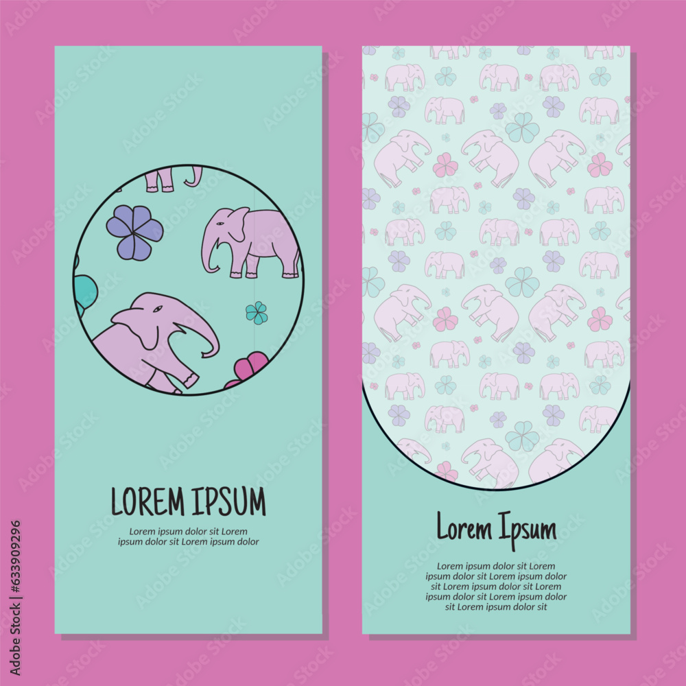 Vector flowers and elephants vertical frame pattern invitation greeting cards, RSVP and thank you cards