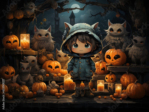 Halloween Greeting Card, Childrens Book Illustration, Generative AI