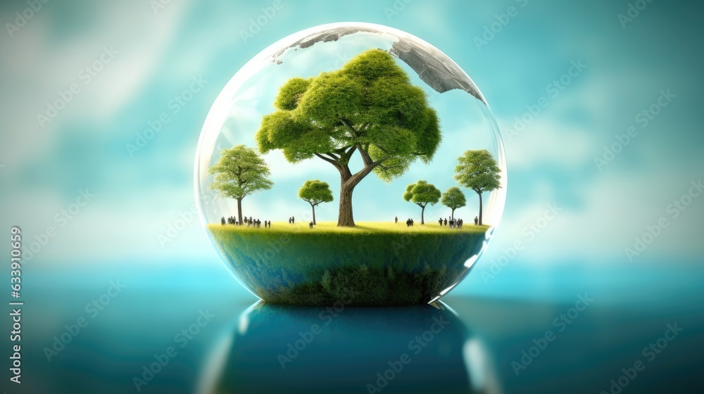 Eco concept with green planet and trees, world ozone day