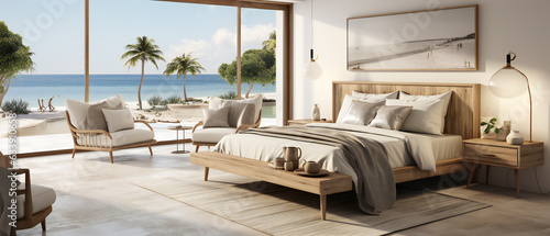 Coastal style interior design of modern bedroom with empty mock-up poster frame. Beach Side Bedroom Interior Design. Generative Ai. © Vecils