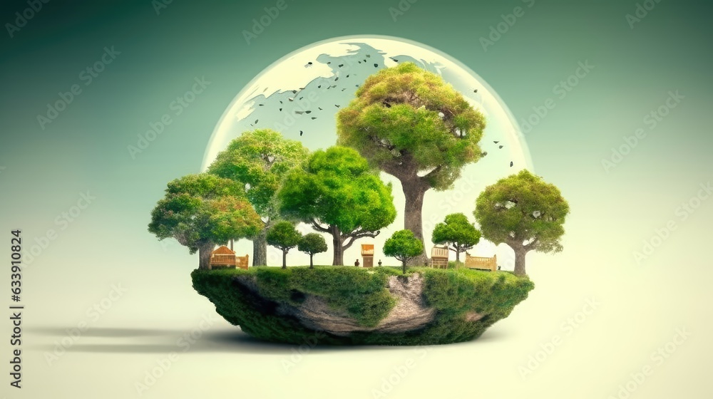 Ecology concept with green trees and clouds