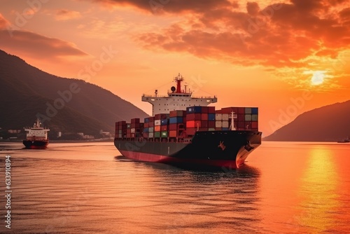 Container ship in the port at sunset. Freight transportation and logistics concept.