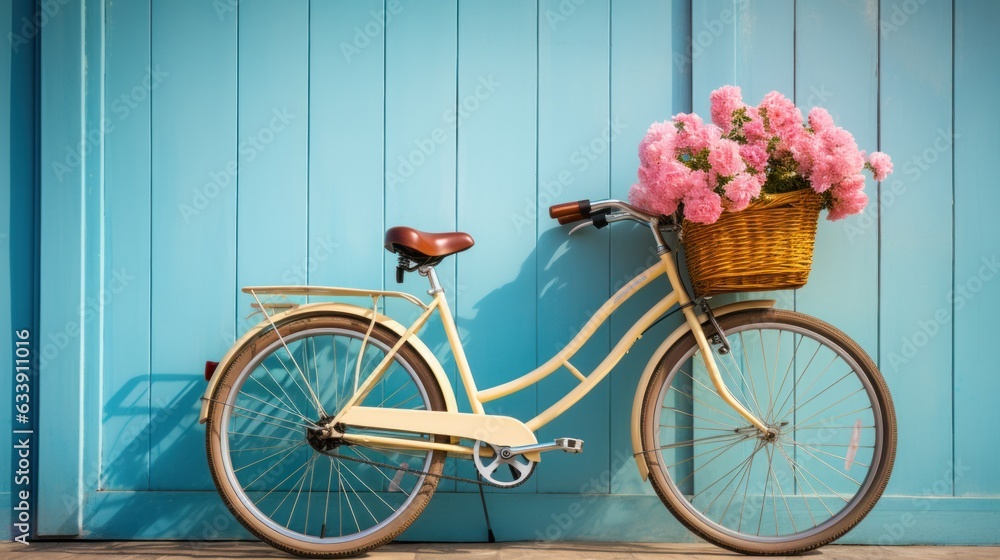 Bicycle with flowers in a straw basket near the wall of a beautiful house in the sun Summer mood.