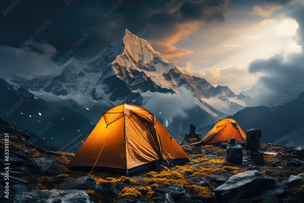 Mountain's Whisper: Gear and Tents Amidst Majestic Peaks, A Glimpse of Midway Rest on Nature's Canvas Generative AI