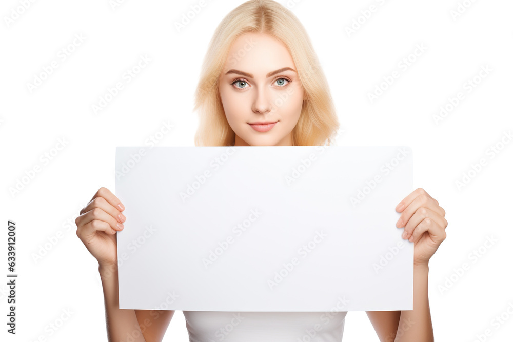 a beautiful blonde woman holding a blank placard sign poster paper in her hands. empty space for editing and ads. isolated on white background PNG a beautiful blonde woman holding a blank placard sign poster paper in her hands. empty space for editing and ads. isolated on white background PNG