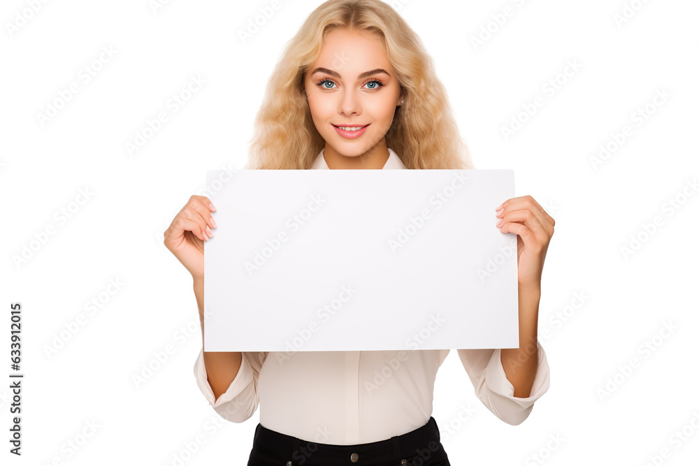 a beautiful blonde woman holding a blank placard sign poster paper in her hands. empty space for editing and ads. isolated on white background PNG a beautiful blonde woman holding a blank placard sign poster paper in her hands. empty space for editing and ads. isolated on white background PNG