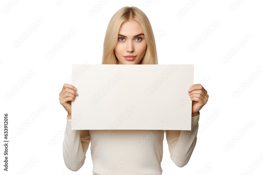 a beautiful blonde woman holding a blank placard sign poster paper in her hands. empty space for editing and ads. isolated on white background PNG a beautiful blonde woman holding a blank placard sign poster paper in her hands. empty space for editing and ads. isolated on white background PNG