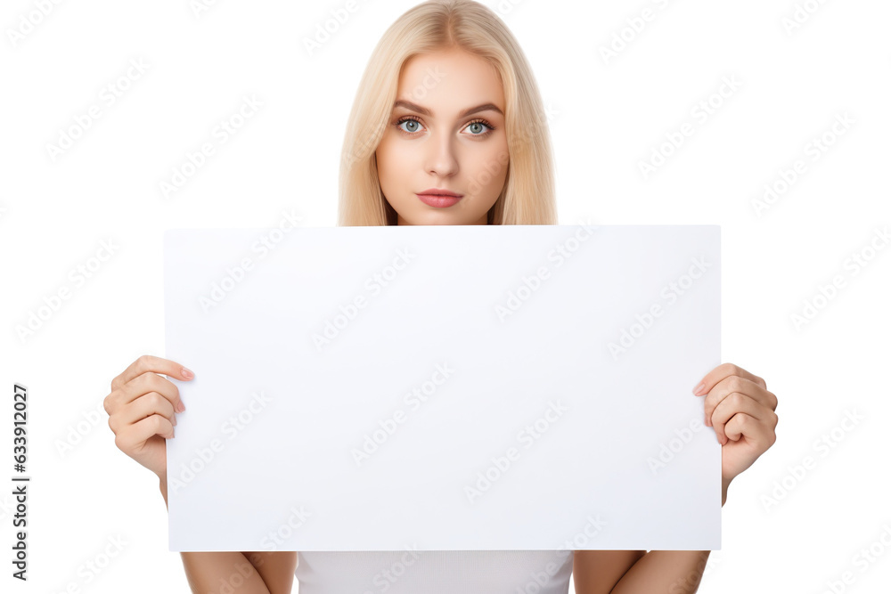 a beautiful blonde woman holding a blank placard sign poster paper in her hands. empty space for editing and ads. isolated on white background PNG a beautiful blonde woman holding a blank placard sign poster paper in her hands. empty space for editing and ads. isolated on white background PNG