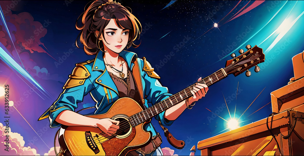 Illustrated Cartoon Girl Brown Hair Playing Accustic Guitar Night Sky with Clouds