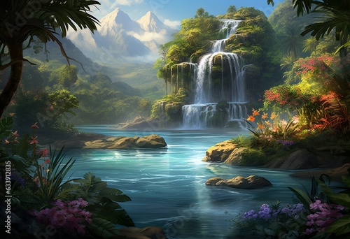 View of waterfall in beautiful garden