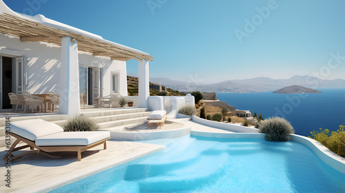 Traditional Mediterranean white house with pool on hill with stunning sea view. Summer vacation background © Dhananjoy