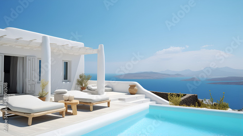 Traditional Mediterranean white house with pool on hill with stunning sea view. Summer vacation background © Dhananjoy