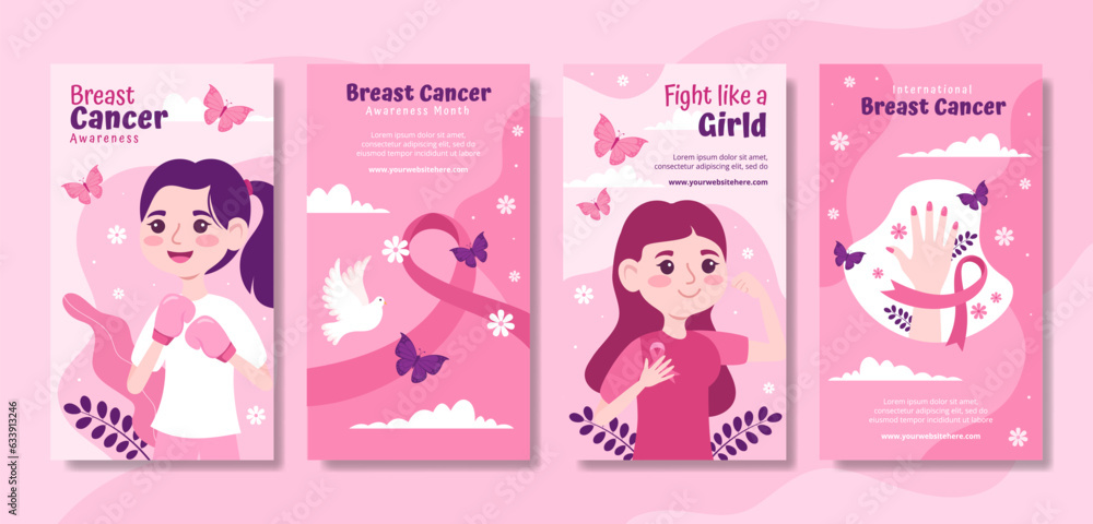 Breast Cancer Awareness Month Social Media Stories Flat Cartoon Hand Drawn Templates Background Illustration