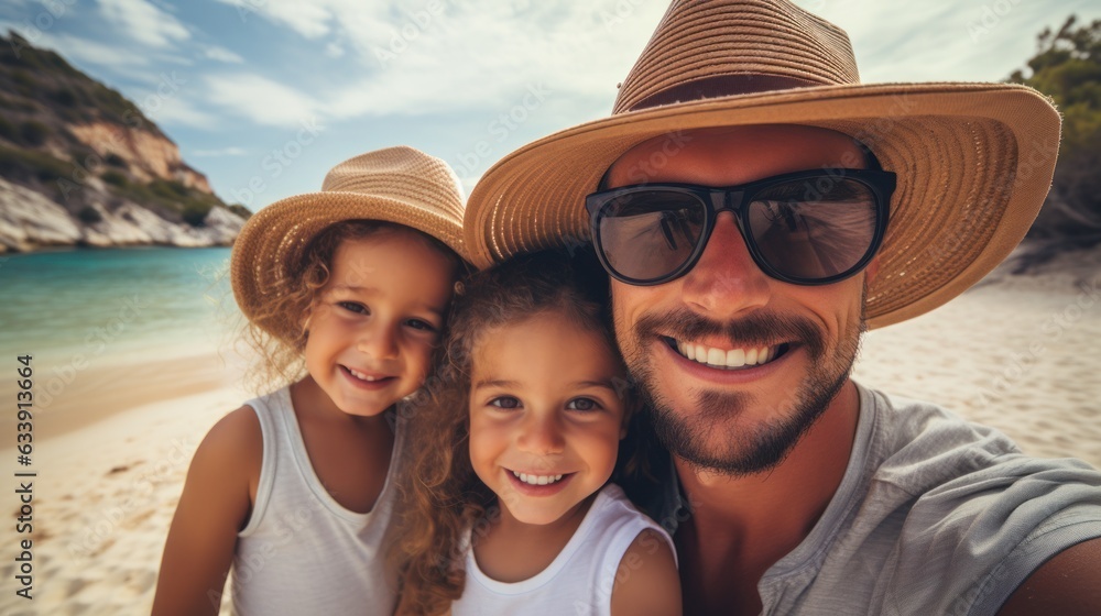 Smiling family in hats on the beach.