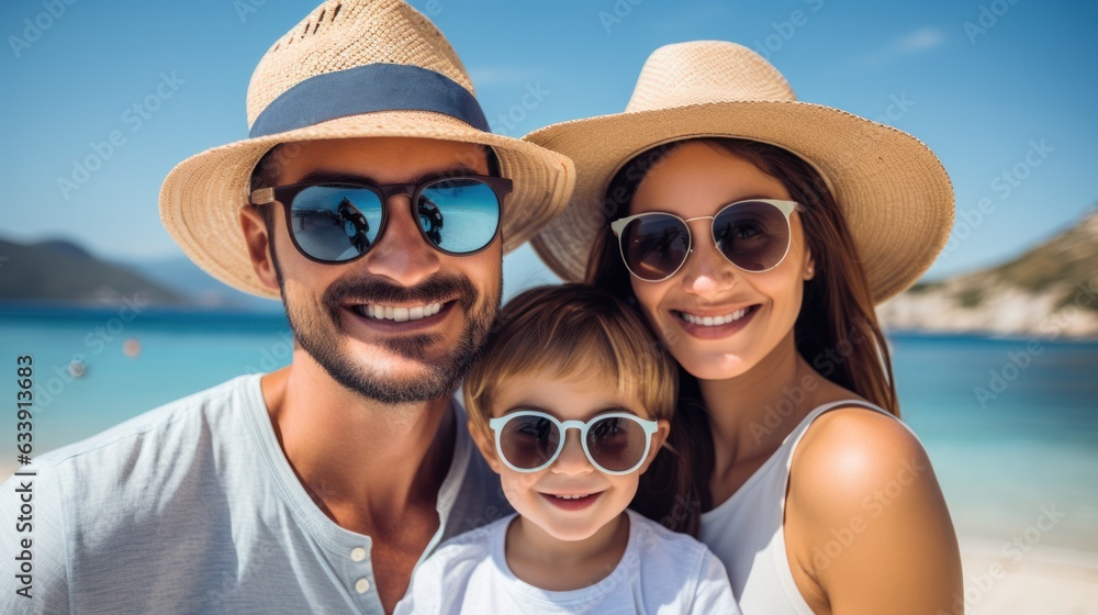 Smiling family in hats on the beach.