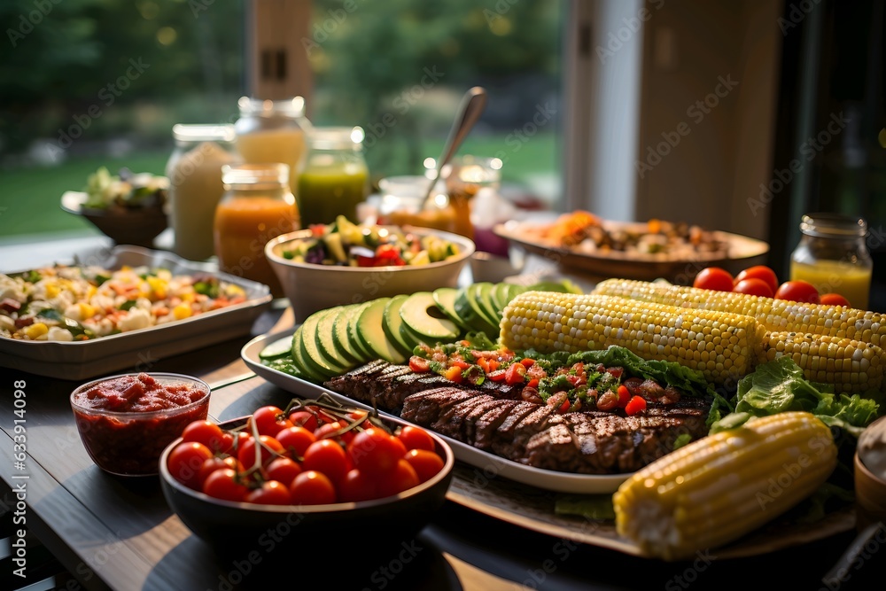 Grilled meat with vegetables and burgers on wooden table