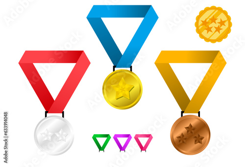 Gold, silver and bronze medals. awards medals. champions medal with ribbon. Champion winner award metal medal. medal set with ribbon.