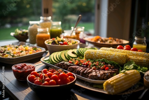 Grilled meat with vegetables and burgers on wooden table